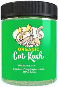 organic catnip by cat kush, safe premium blend perfect for cats, instilled with maximized potency your kitty is guaranteed to go crazy for! (1 cup)