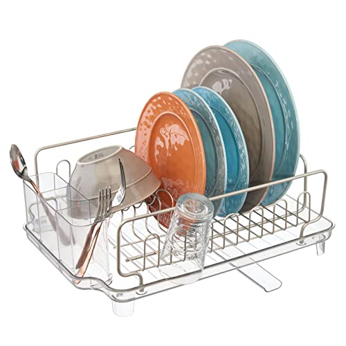 mDesign Large Metal Wire Kitchen Countertop, Sink Dish Drying Rack with Removable Plastic Cutlery Tray Caddy and Drainboard with Adjustable Swivel Spout - 3 Pieces - Satin/Clear