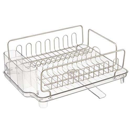 mDesign Large Metal Wire Kitchen Countertop, Sink Dish Drying Rack with Removable Plastic Cutlery Tray Caddy and Drainboard with Adjustable Swivel Spout - 3 Pieces - Satin/Clear