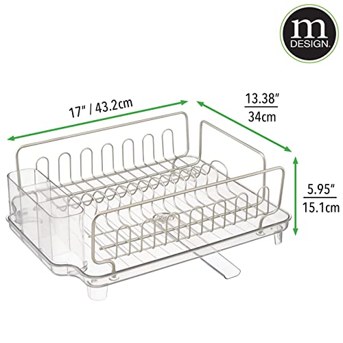 mDesign Large Metal Wire Kitchen Countertop, Sink Dish Drying Rack with Removable Plastic Cutlery Tray Caddy and Drainboard with Adjustable Swivel Spout - 3 Pieces - Satin/Clear