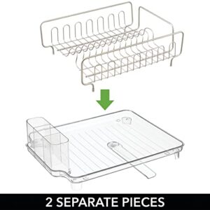 mDesign Large Metal Wire Kitchen Countertop, Sink Dish Drying Rack with Removable Plastic Cutlery Tray Caddy and Drainboard with Adjustable Swivel Spout - 3 Pieces - Satin/Clear