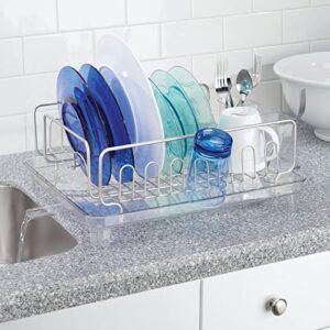 mDesign Large Metal Wire Kitchen Countertop, Sink Dish Drying Rack with Removable Plastic Cutlery Tray Caddy and Drainboard with Adjustable Swivel Spout - 3 Pieces - Satin/Clear