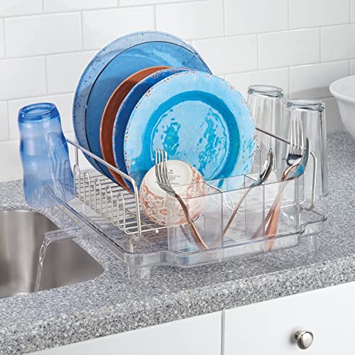 mDesign Large Metal Wire Kitchen Countertop, Sink Dish Drying Rack with Removable Plastic Cutlery Tray Caddy and Drainboard with Adjustable Swivel Spout - 3 Pieces - Satin/Clear