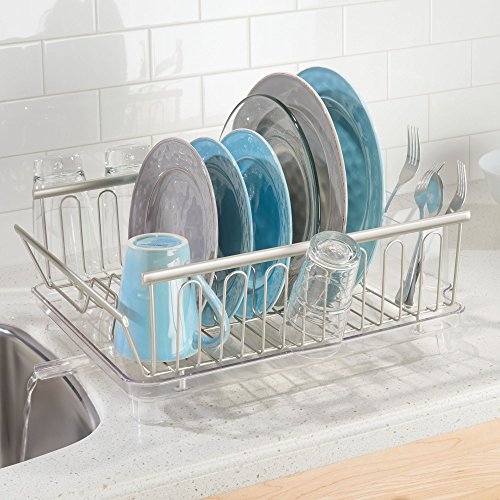 mDesign Large Metal Wire Kitchen Countertop, Sink Dish Drying Rack with Removable Plastic Cutlery Tray Caddy and Drainboard with Adjustable Swivel Spout - 3 Pieces - Satin/Clear