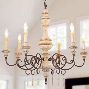 lnc farmhouse chandelier for dining room, 6-light french country lighting , handmade wood chandelier with drop pendants, distressed white, 30.7”dia