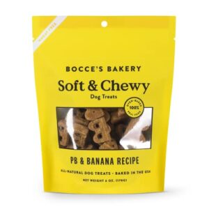bocce’s bakery oven baked pb & banana recipe treats for dogs, wheat-free everyday dog treats, real ingredients, baked in the usa, all-natural soft & chewy cookies, peanut butter & banana, 6 oz