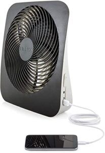 treva 10-inch portable desktop battery fan, powered by battery and/or ac adapter - air circulating with 2 cooling speeds, with built in usb charging port