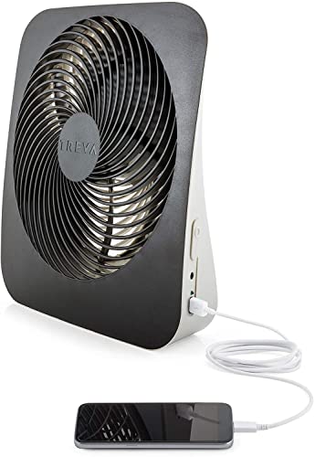 Treva 10-Inch Portable Desktop Battery Fan, Powered by Battery and/or AC Adapter - Air Circulating with 2 Cooling Speeds, With Built In USB Charging Port