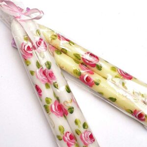 decorated 8 inch tall hand painted pink rose ivory or white short taper candles set small housewarming gift for women