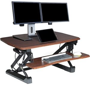 seville classics airlift 36" gas-spring height adjustable standing desk converter workstation ergonomic dual monitor riser with keyboard tray and phone/tablet holder, walnut