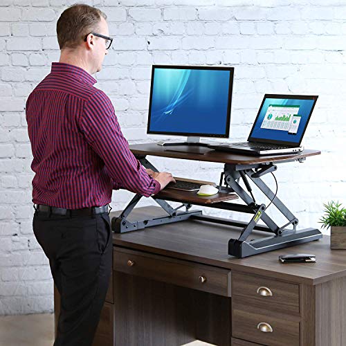 Seville Classics AIRLIFT 36" Gas-Spring Height Adjustable Standing Desk Converter Workstation Ergonomic Dual Monitor Riser with Keyboard Tray and Phone/Tablet Holder, Walnut