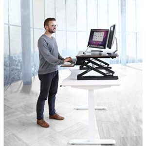 Seville Classics AIRLIFT 36" Gas-Spring Height Adjustable Standing Desk Converter Workstation Ergonomic Dual Monitor Riser with Keyboard Tray and Phone/Tablet Holder, Walnut