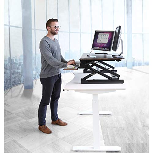 Seville Classics AIRLIFT 36" Gas-Spring Height Adjustable Standing Desk Converter Workstation Ergonomic Dual Monitor Riser with Keyboard Tray and Phone/Tablet Holder, Walnut