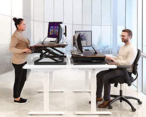 Seville Classics AIRLIFT 36" Gas-Spring Height Adjustable Standing Desk Converter Workstation Ergonomic Dual Monitor Riser with Keyboard Tray and Phone/Tablet Holder, Walnut