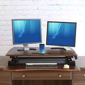 Seville Classics AIRLIFT 36" Gas-Spring Height Adjustable Standing Desk Converter Workstation Ergonomic Dual Monitor Riser with Keyboard Tray and Phone/Tablet Holder, Walnut