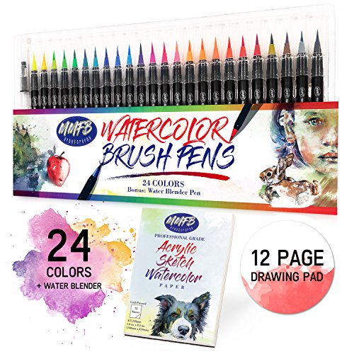 Real Brush Pens Set - 24 Colors Pack Flexible Brush Tip w/ Bonus Color Blender & Drawing Pad - Instant Coloring Drawing Painting Calligraphy Writing Sfumato Ombre - Writes Great On Regular Papers