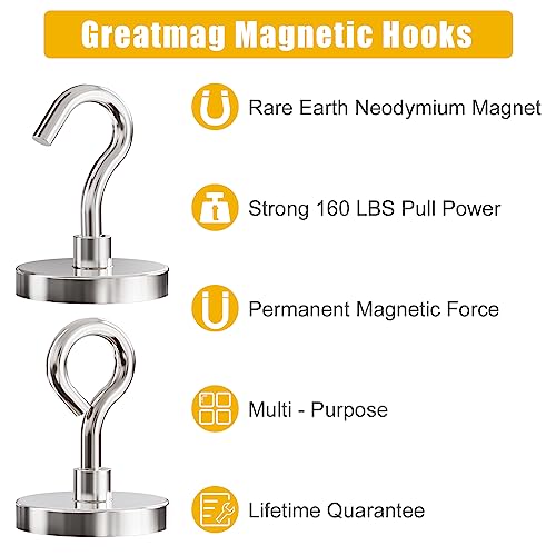 GREATMAG Magnetic Hooks, 160 lbs Heavy Duty Magnet Hooks with Extra 6 Eyebolt Hooks, Neodymium Magnet Hook for Hanging, Cruise Cabins, Kitchen, Pack of 6