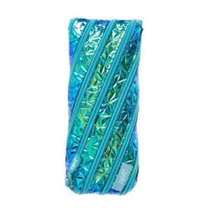 zipit metallic pencil case for girls, holds up to 30 pens, pouch made of one long zipper! (blue-green)