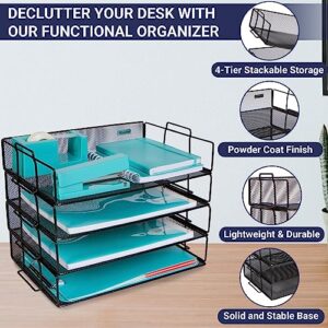 Stackable Paper Tray Desk Organizer – 4 Tier Metal Mesh Letter Organizers for Business, Home, School, Stores and More, Organize Files, Folders, Letters, Paper, Binders