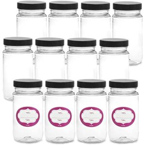 dilabee 8 oz plastic jars with lids - 12 pack clear plastic mason jars with labels, wide mouth and screw on lids - storage containers for kitchen and home - bpa-free
