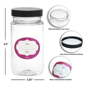 DilaBee 8 oz Plastic Jars with Lids - 12 Pack Clear Plastic Mason Jars with Labels, Wide Mouth and Screw On Lids - Storage Containers for Kitchen and Home - BPA-Free