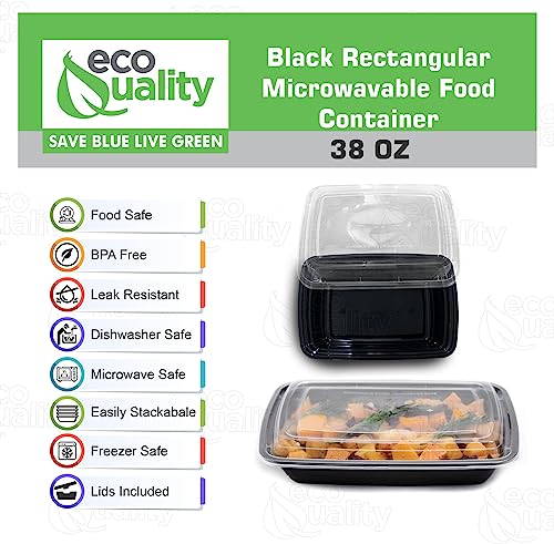 38 oz Reusable Food Storage 150 Pack Containers with Lids by EcoQuality – Rectangular BPA Free Freezer, Microwave & Dishwasher Safe – Airtight & Watertight Stackable, Lunch Meal Prep, To-Go, Bento Box