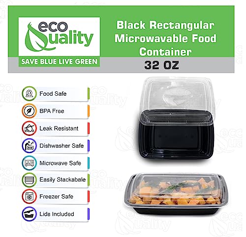 32 oz Reusable Food Storage 10 Pack Containers with Lids by EcoQuality – Rectangular BPA Free Freezer, Microwave & Dishwasher Safe – Airtight & Watertight Stackable, Lunch Meal Prep, To-Go, Bento Box