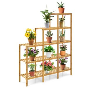 costway bamboo shelf bathroom, multifunctional 5-tier bamboo plant stand, storage organizer rack, plant display stand with several storage cabinet