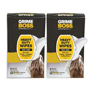 grime boss heavy duty wipes (2 x 60ct) wet wipes used for hands, equipment, tools, garden, automotive easily removes oil, grease, paint and dirt