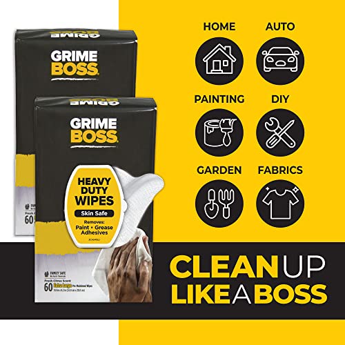 Grime Boss Heavy Duty Wipes (2 X 60Ct) Wet Wipes Used for Hands, Equipment, Tools, Garden, Automotive Easily Removes Oil, Grease, Paint and Dirt