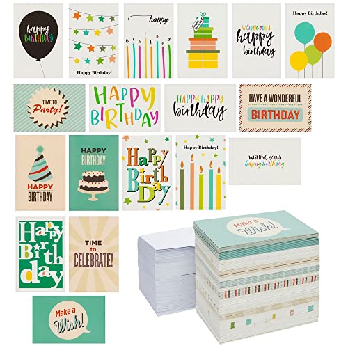 144 Pack Happy Birthday Cards Assortment Bulk Box Set with Envelopes, Blank Inside for Kids, Teens, Workplace (18 Designs, 4 x 6)