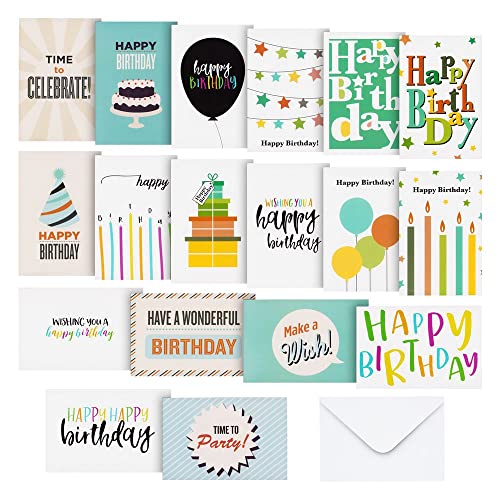 144 Pack Happy Birthday Cards Assortment Bulk Box Set with Envelopes, Blank Inside for Kids, Teens, Workplace (18 Designs, 4 x 6)