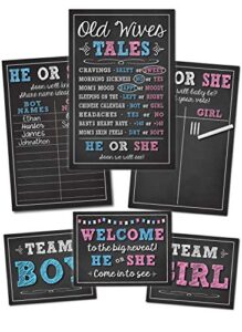 katie doodle gender reveal decorations, gender reveal games for guests, baby boy or girl gender reveal party supplies kit - includes 3 game posters (11x17), 1 chalk marker (erasable), 3 signs (8x10)