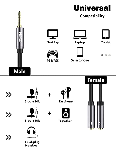 MillSO Headset Adapter CTIA 3.5mm Y Splitter Headphone Jack Splitter Adapter (3.5mm 4 Pole TRRS Male to 2 TRS 3 Pole Female) Compatible for Xbox One, PS4, PC, Tablet, Laptops, phone - 12inch/30CM Gray