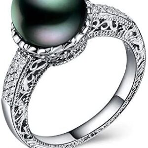 konkanok shop925 Silver Filled Jewelry Round Cut Black Pearl Women Wedding Ring Size 6-10 (9)
