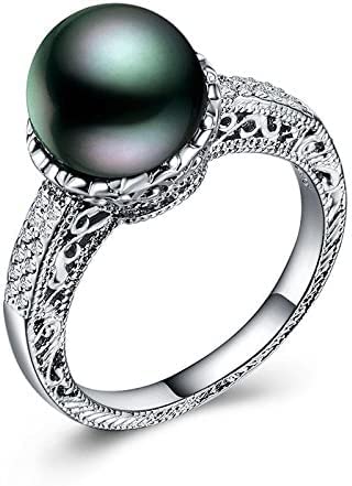 konkanok shop925 Silver Filled Jewelry Round Cut Black Pearl Women Wedding Ring Size 6-10 (9)