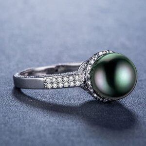 konkanok shop925 Silver Filled Jewelry Round Cut Black Pearl Women Wedding Ring Size 6-10 (9)