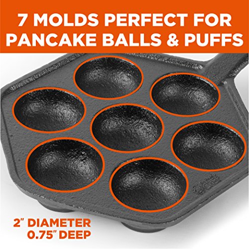 Commercial CHEF Cast Iron Danish Aebleskiver Pan, Preseasoned Cast Iron Cookware for Pancake Puffs, Makes 7 Pancake Balls