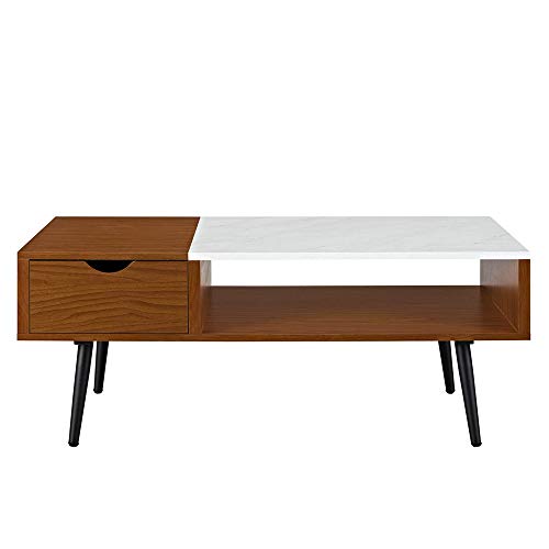 Walker Edison Montclair Mid Century Modern Faux Marble Top 1 Drawer Coffee Table, 42 Inch, Acorn