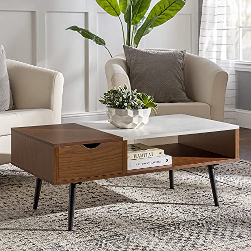 Walker Edison Montclair Mid Century Modern Faux Marble Top 1 Drawer Coffee Table, 42 Inch, Acorn