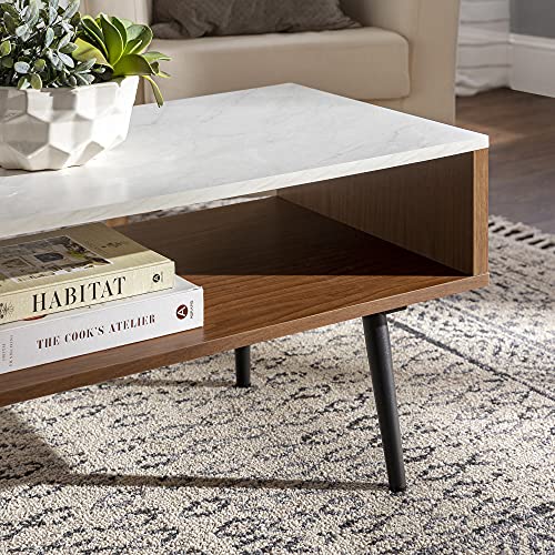 Walker Edison Montclair Mid Century Modern Faux Marble Top 1 Drawer Coffee Table, 42 Inch, Acorn