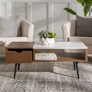 Walker Edison Montclair Mid Century Modern Faux Marble Top 1 Drawer Coffee Table, 42 Inch, Acorn