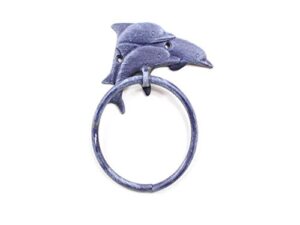 rustic dark blue cast iron dolphins towel holder 7" - sea life wall decor - coa