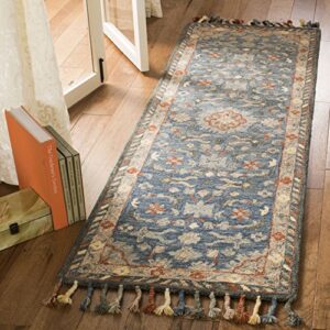 safavieh aspen collection runner rug - 2'3" x 9', blue & rust, handmade boho braided tassel wool, ideal for high traffic areas in living room, bedroom (apn123a)
