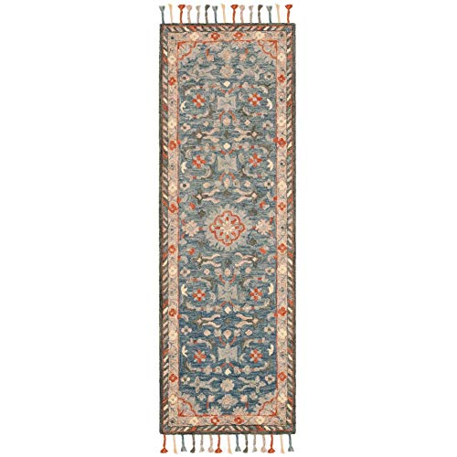 SAFAVIEH Aspen Collection Runner Rug - 2'3" x 9', Blue & Rust, Handmade Boho Braided Tassel Wool, Ideal for High Traffic Areas in Living Room, Bedroom (APN123A)