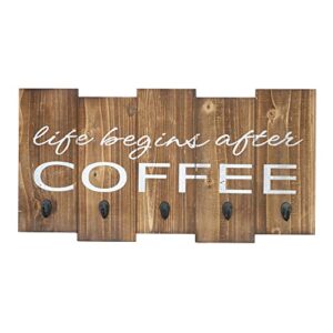 barnyard designs ‘life begins after coffee’ hanging mug holder, wall mounted coffee cup organizer rack, rustic farmhouse wood wall decor sign, for kitchen, coffee bar or cafe, gray and white, 25” x 13