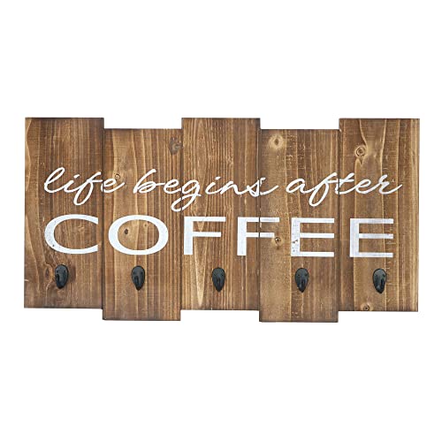 Barnyard Designs ‘Life Begins After Coffee’ Hanging Mug Holder, Wall Mounted Coffee Cup Organizer Rack, Rustic Farmhouse Wood Wall Decor Sign, For Kitchen, Coffee Bar or Cafe, Gray and White, 25” x 13