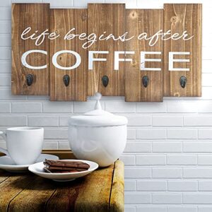 Barnyard Designs ‘Life Begins After Coffee’ Hanging Mug Holder, Wall Mounted Coffee Cup Organizer Rack, Rustic Farmhouse Wood Wall Decor Sign, For Kitchen, Coffee Bar or Cafe, Gray and White, 25” x 13