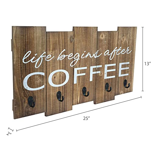 Barnyard Designs ‘Life Begins After Coffee’ Hanging Mug Holder, Wall Mounted Coffee Cup Organizer Rack, Rustic Farmhouse Wood Wall Decor Sign, For Kitchen, Coffee Bar or Cafe, Gray and White, 25” x 13