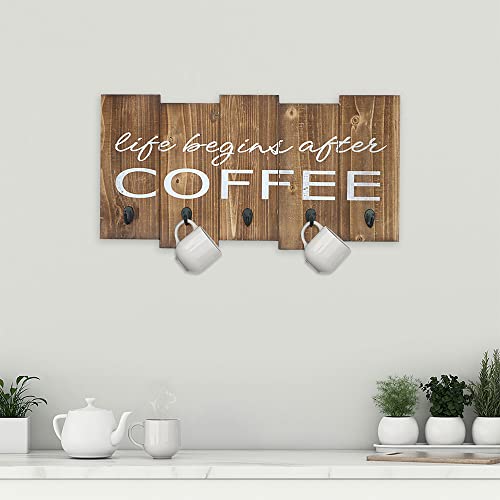 Barnyard Designs ‘Life Begins After Coffee’ Hanging Mug Holder, Wall Mounted Coffee Cup Organizer Rack, Rustic Farmhouse Wood Wall Decor Sign, For Kitchen, Coffee Bar or Cafe, Gray and White, 25” x 13